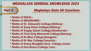 Meghalaya General Knowledge 2024 Meghalaya GK Questions and Answers DSC Exams MPSC Exams [upl. by Zabrine312]