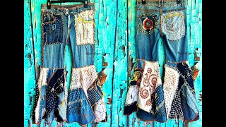 PART 1 how to make boro amp sashiko inspired upcycled flared jeans [upl. by Arodal457]