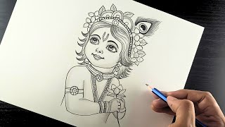 Little Krishna Drawing Easy  How To Draw Cute Krishna Ji Face Pencil Drawing  Janmashtami Drawing [upl. by Adlei]