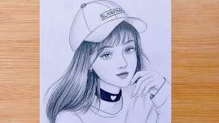 Drawing Tutorial  How to draw a girl with Blackpink cap  step by step Pencil Sketch for beginners [upl. by Adrahs]