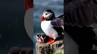 Puffin and Pufflings on Cliff in Coastal Rain amazing birds trending wildlife nature cute [upl. by Windzer]