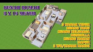 DENAH RUMAH 8 x 16 M DENAH UNIK DENGAN 3 KAMAR TIDUR 2 WCKM DAN MUSHOLA MDL N 23 [upl. by Laflam22]