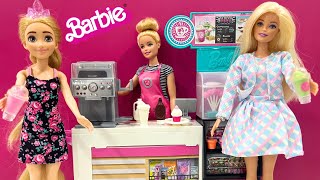 Barbie Doll Coffee Shop Cafe Playset Unboxing with Princess Rapunzel Boneka Barbie Kafe Boneca Café [upl. by Kcirreg535]