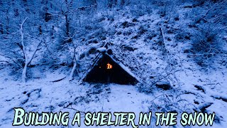 BUILD a SHELTER in SNOW I built a wooden hut with FIREPLACE  under °ZERO DEGREES [upl. by Jann920]