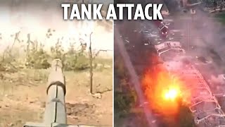 Ukrainian tank finds Russian hideout and blows warehouse to bits with close range blast [upl. by Arima]