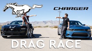 Dodge Charger Scat Pack vs Ford Mustang GT Drag Race Showdown [upl. by Elleret]