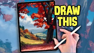 PROCREATE ANIME style DRAWING Tutorial  Autumn Red Tree Landscape [upl. by Berck]