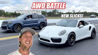 Twin Turbo Porsche vs Jeep Trackhawk on Drag Radials WAY Closer Than We Thought More Boost [upl. by Solracnauj]