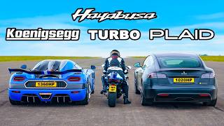 Koenigsegg v Tesla Plaid v Turbo Hayabusa DRAG RACE [upl. by Annaliese]