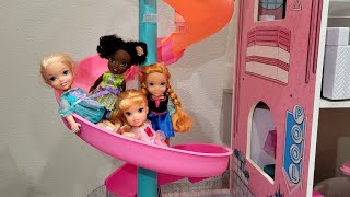 Elsa amp Anna toddlers  LOL dollhouse  spiral slide  slime play [upl. by Ahseinat818]