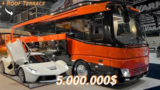 5000000 LUXURY Motor Home  La Ferrari Hypercar GARAGE TOUR Roof Terrace Motorcoach RV Interior [upl. by Adonis]