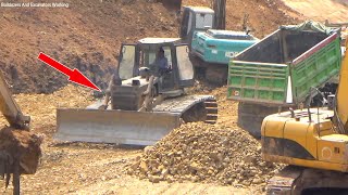 Bulldozers Working With Heavy Trucks Unloading and Pushing In Road New Project 007 [upl. by Oicatsana]