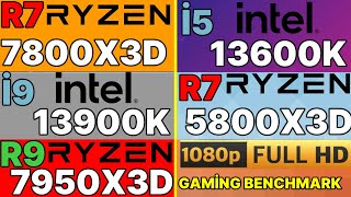 r7 7800x3d vs r9 7950x3d vs i9 13900k vs R7 5800x3d vs i5 13600k 7800x3d 1080p gaming test rtx 4090 [upl. by Warram]