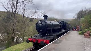 GWR 3802 passing through Berwyn Halt on the Llangollen Railway alongside the River Dee Denbighshire [upl. by Atsev]