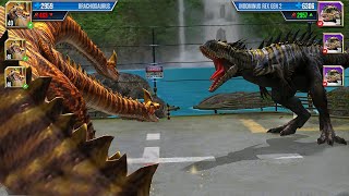 Brachiosaurus Max level Vs Indominus Rex Gen 2  Fight  Jurassic World The Game [upl. by Ecnedac]