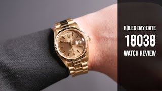 Mens Used Rolex President Gold DayDate 18038 Watch Review  Bobs Watches [upl. by Amitak]