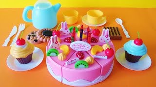 Toy birthday fruit cake cupcakes cookies tea party playset velcro cutting food [upl. by Tterb226]