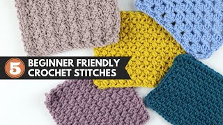 5 BEGINNER FRIENDLY Crochet Blanket Stitches  Easy Crochet Pattern Repeats for Beginners [upl. by Locke]