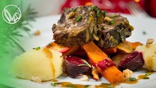 Weihnachtsessen Rezept  LECKERER Festtagsbraten mit Bratensoße und Beilagen vegan ölfrei [upl. by Anemaj]