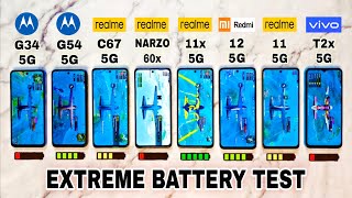 Moto G34 5g vs moto G54 vs Vivo t2x vs Redmi 12 5g vs realme 11x vs 11 vs c67  Battery Drain Test [upl. by Aivata]