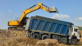 TATA SIGNA 3528TK TIPPER BS6 UNLOADING VIDEO VS JCB 3DX MACHINE 74HP BACKHOE LOADER [upl. by Anneuq224]