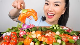 SPICY SALMON SALAD BIG BITE ASMR EATING SOUNDS LIGHT WHISPERS  SASASMR [upl. by Arihas]