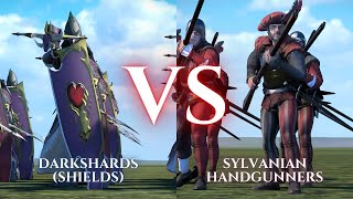 WARHAMMER III Total War  Darkshards Shields VS Sylvanian Handgunners [upl. by Aeki780]