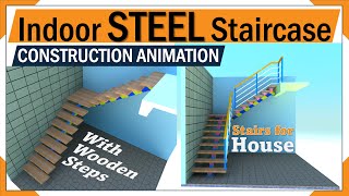 steel staircase with wooden steps  Construction of fabricated metal staircases  3D animation [upl. by Khai931]