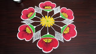 Simple and easy flower rangoli design with 9x5 middle dots  kolam designs with dots for Beginners [upl. by Bringhurst477]