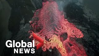 La Palma volcano Drone video shows torrents of molten rocks flowing in lava streams [upl. by Bedelia]