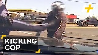 Dashcam Captures Oregon Cop Violently Kicking Motorcyclist [upl. by Dnomal]