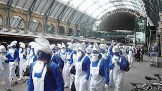 Hartlepool United Smurfs arrive at Kings Cross [upl. by Anaeli]