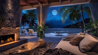 Ocean Front Villa  Night Ambience  Calm Beach Waves amp Crackling Fire Sound Crickets Conversation [upl. by Douglas]