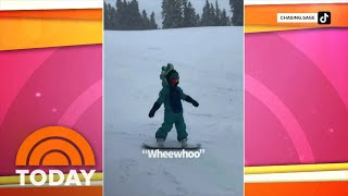 4yearold Narrates Adorable Snowboarding Adventure I Wont Fall Maybe I Will [upl. by Attirehs]