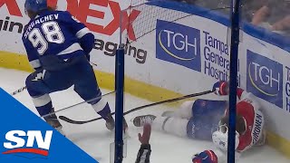 Mikhail Sergachev Levels Artturi Lehkonen With Hard Hit Into The Boards [upl. by Maleeny]