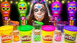 ASMR DAY OF THE DEAD SKELETON HEAD EDIBLE PLAYDOH RAINBOW CANDY STICKS POPUP LOLLIPOPS 먹방 [upl. by Mcleroy]