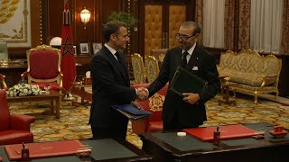 Emmanuel Macron et Mohammed VI signent un partenariat dexception renforcé  AFP Images [upl. by Aihsenrad]