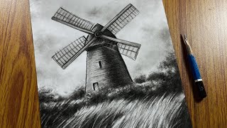 Windmill in the middle of field  Art Asmr  Charcoal Drawing Tutorial 11 [upl. by Alvira]