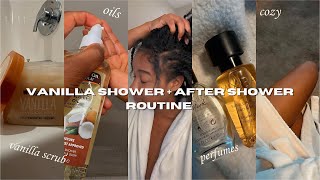 COZY FALL VANILLA SHOWER ROUTINE  vanilla shower products  vanilla perfume tree hut sugar scrub [upl. by Tilda]