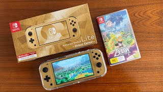 Nintendo Switch Lite Hyrule Edition Unboxing  Zelda Day [upl. by Cagle]