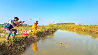 Fishing Video  Village boy and woman are so expert in fishing with hook and fishing from big canal [upl. by Wolfram624]