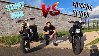 STUNT MBK VS YAMAHA SLIDER GROSSE CHUTE EN STUNT [upl. by Baal905]