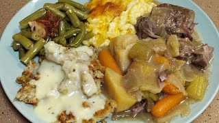 pot roast potatoes carrotsgreen beansmacaroni amp cheesedressing corn breadstrawberry cake [upl. by Tollman]