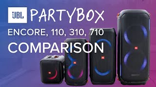 JBL PartyBox Speaker SHOWDOWN 💥 Encore Essential VS PartyBox 110 VS PartyBox 310 VS PartyBox 710 [upl. by Ailiec]