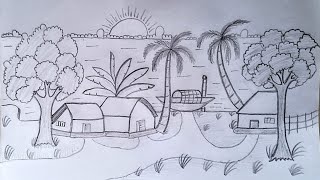 Gramer Drisso  Village Scenery  Pencil Drawing  Bangla Art [upl. by Tterrab]