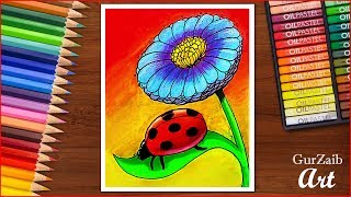 how to draw a ladybird beetle on a leaf and flower   step by step ladybug drawing oil pastels [upl. by Romito560]