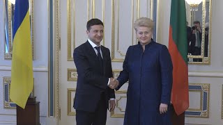 Kijeve D Grybauskaitė sutikta ovacijomis su V Zelenskiu bendravo tik angliškai [upl. by Aigroeg]