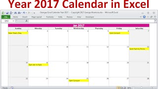 Year 2017 Calendar in Excel  Full Year 2017 Calendar  2017 Monthly Calendars  Holidays  Birthday [upl. by Akinyt472]