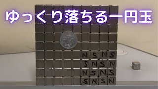 ネオジム磁石の壁をゆっくり落ちる一円玉（渦電流・電磁誘導の実験） [upl. by Diaz]