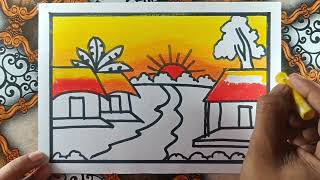 Easy Village Scenery Drawing  Oil Pastel Scenery Drawing  Step by step [upl. by Nyleak]